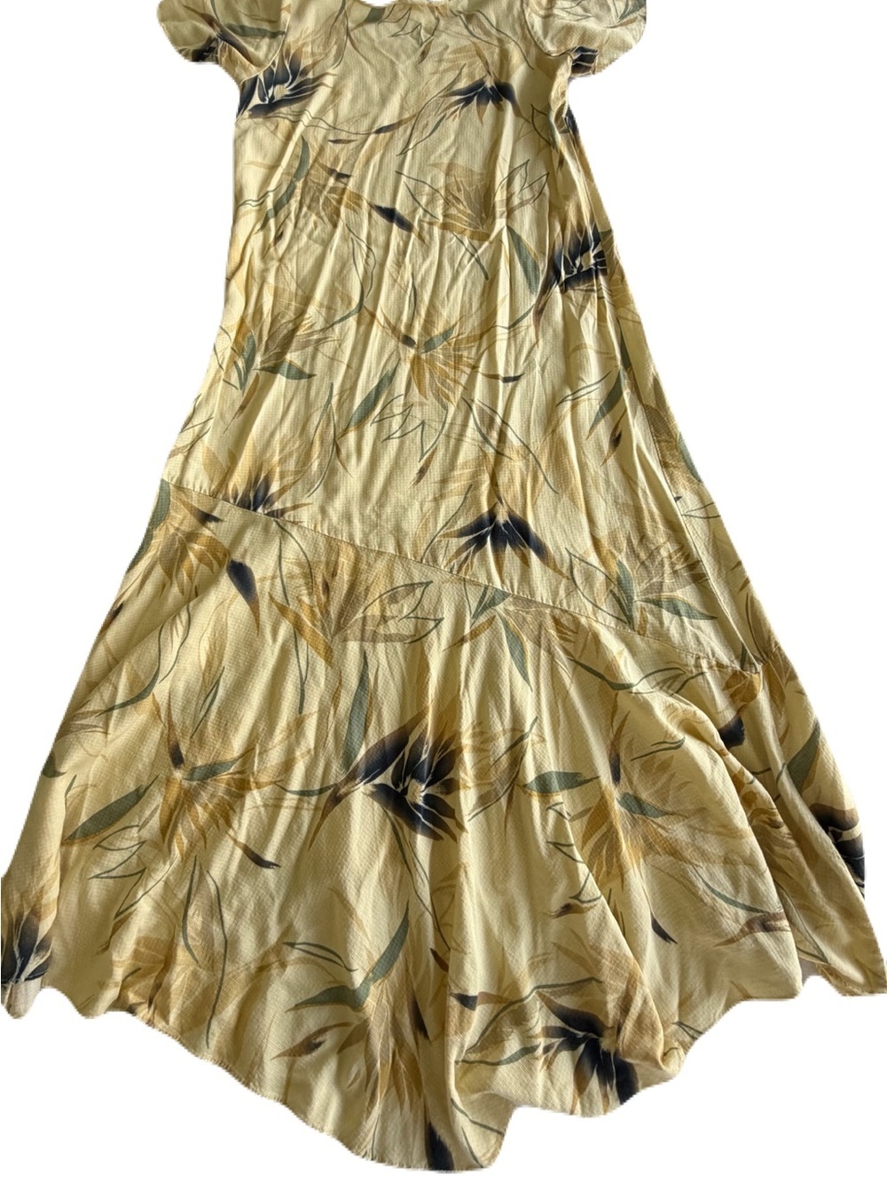Hilo Hattie Yellow Botanical Maxi Dress with Olive and Black Leaf Print